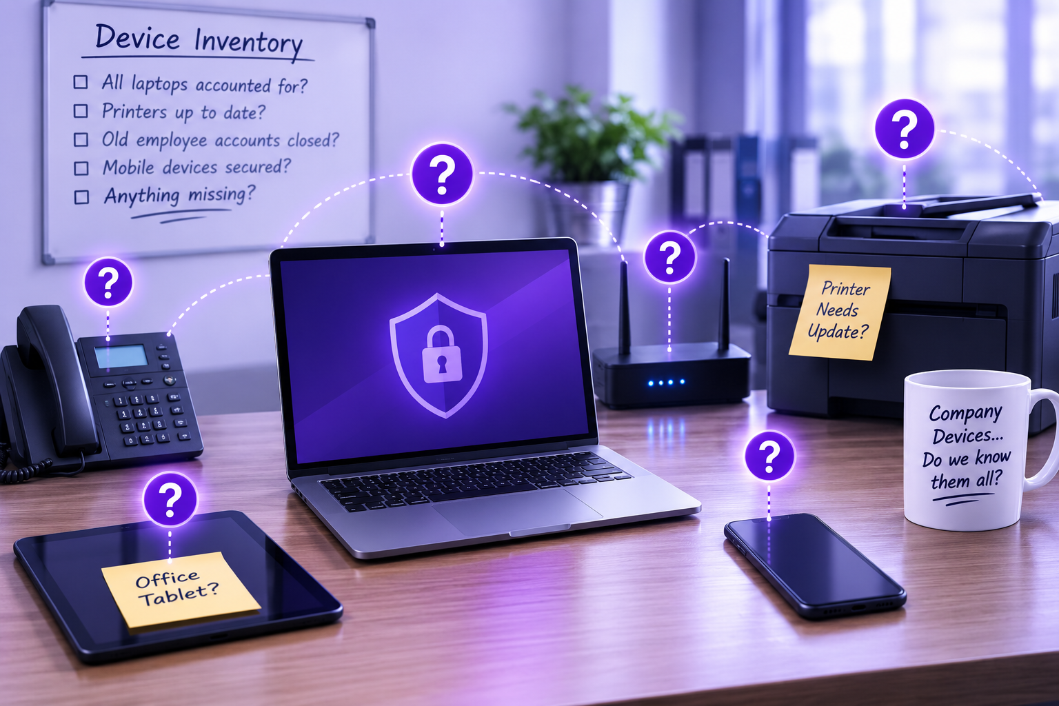 An office desk with many devices